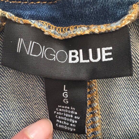 Indigo Blue Womens Distressed Navy Denim Overalls Size L Stretchy Side Panels - Picture 3 of 13